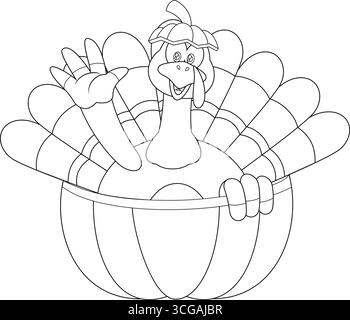 Ein Happy Thanksgiving Truthahn-Vogel-Cartoon-Charakter, Der Aus Kürbis Winkt. Vektorabbildung Flache Konstruktion Isoliert Auf Transparentem Hintergrund Stock Vektor