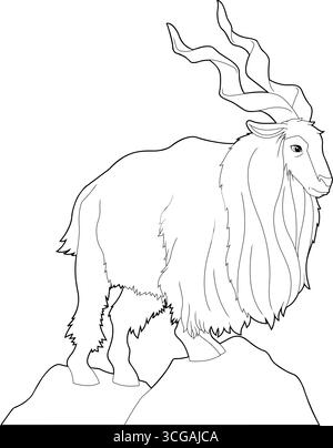 Die Figur des Markhor Animal Cartoon auf dem Gipfel Eines Berggipfels. Handgezeichnete Vektor-Illustration Isoliert Auf Transparentem Hintergrund Stock Vektor