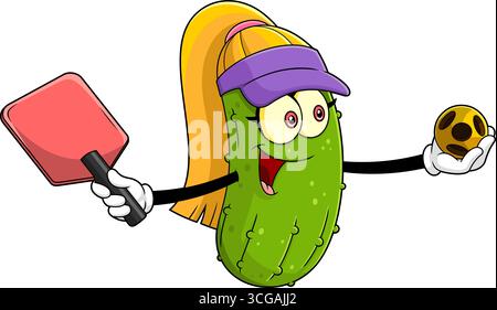 Happy Pickle Girl Cartoon Figur Spielt Pickleball. Handgezeichnete Vektor-Illustration Isoliert Auf Transparentem Hintergrund Stock Vektor