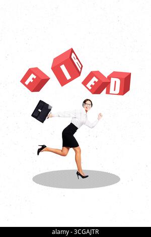 Vorlage Collage Design Trend Artwork 3D Skizze der jungen Geschäftsfrau laufen Lächeln feuerte offene Stelle arbeitslos Problem Geschäft Arbeitslosigkeit Stockfoto