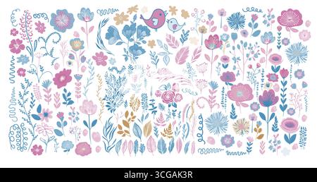 Set von verschiedenen weichen pastellfarbenen Vektorblüten. Handgezeichnet. Nicht AI, Vektorillustration Stock Vektor