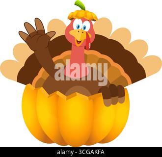 Happy Thanksgiving Truthahn Vogel Cartoon Figur Winkt Aus Kürbis. Vektorabbildung Flache Konstruktion Isoliert Auf Transparentem Hintergrund Stock Vektor