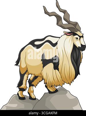 Markhor Animal Cartoon Figur auf dem Gipfel Eines Berggipfels. Handgezeichnete Vektor-Illustration Isoliert Auf Transparentem Hintergrund Stock Vektor