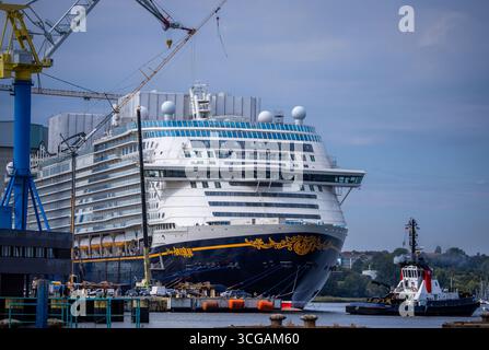 Wismar, Deutschland. August 2025. Vor dem Bug des neuen Kreuzfahrtschiffs „Disney Adventure“ am ausgerüsteten Kai der Werft Wismar fährt ein Hafenschlepper vorbei. Nach rund sieben Jahren Bauzeit wird eines der größten Kreuzfahrtschiffe der Welt in den nächsten Tagen die Hansestadt verlassen. Die US-Reederei Disney Cruise Line übernahm das Schiff vom Insolvenzgut und lässt es von der Meyer Werft in Papenburg, Niedersachsen, bauen. Das Schiff wird ab Ende 2025 für die Disney Group in Südostasien im Einsatz sein. Quelle: Jens B/dpa/Alamy Live News Stockfoto