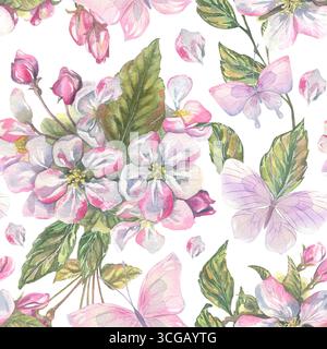 Nahtloses Muster mit rosafarbenen Schmetterlingen blühenden Apfelblüten und grünen Blättern, weiche handgemalte Aquarellillustration, ideal für Stoff Stockfoto