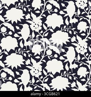 Nahtloses Muster mit schwarz-weißen Chinoiserie, handgezeichnete Blumen und Vogelsilhouetten. Florale Tapete mit chinesischem Stil Stock Vektor