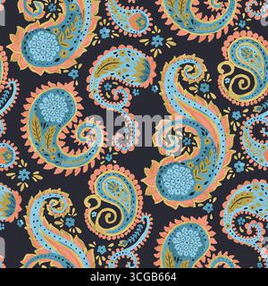 Paisley im Aquarellstil mit nahtlosem Blumenmuster auf blauem Hintergrund. Verzierte Vintage-Tapete im Osten. Böhmisches Textildesign Stock Vektor
