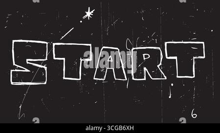 Vektor-Illustration eines auffälligen STARTS in weiß auf schwarzem Hintergrund, gestylt wie Kreideschrift, mit einem winzigen Sternsymbol, verspielt und spielähnlich. Stock Vektor