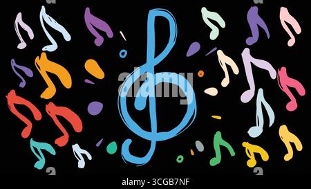Helle musikalische Komposition mit einem blauen Höhen-Schlüssel, umgeben von bunten Noten. Festlicher und fröhlicher abstrakter Hintergrund voller Rhythmus. Stock Vektor