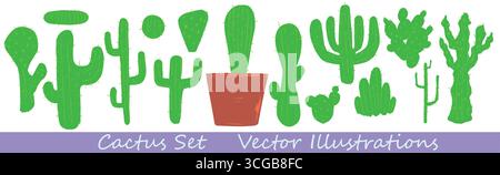 Vektor-Illustration Set mit verschiedenen Kakteen Silhouetten in Grün. Dekorative botanische Komposition mit modernem minimalem Stil. Stock Vektor