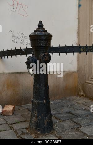 Schwarzer Hydrant auf Steinpflasterpflaster, vor einer neutralen beigefarbenen Mauer, städtisches Detail in Wien. Stockfoto