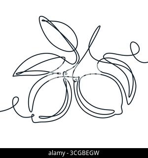 Abstrakter Monolinzweig mit Zitronen-Symbol und Logo-Emblem. Vektor-kontinuierliche Linie Illustration von Zitrusfrüchten tropischen. Konzept für Lebensmitteletiketten oder Stock Vektor