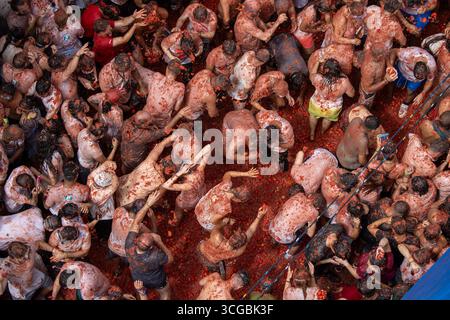 Madrid, Spanien. August 2025. 78. Jährliches Festival „La Tomatina“ in Buñol, Valencia. Die Organisatoren der Veranstaltung haben die Markteinführung von 120 Tonnen Tomaten bestätigt, die in sechs Lkws verteilt werden. Quelle: D. Canales Carvajal/Alamy Live News Stockfoto