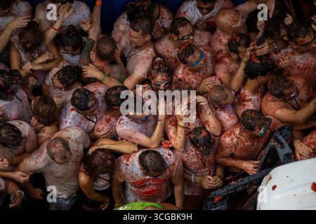 Madrid, Spanien. August 2025. 78. Jährliches Festival „La Tomatina“ in Buñol, Valencia. Die Organisatoren der Veranstaltung haben die Markteinführung von 120 Tonnen Tomaten bestätigt, die in sechs Lkws verteilt werden. Quelle: D. Canales Carvajal/Alamy Live News Stockfoto