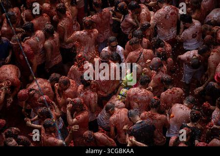 Madrid, Spanien. August 2025. 78. Jährliches Festival „La Tomatina“ in Buñol, Valencia. Die Organisatoren der Veranstaltung haben die Markteinführung von 120 Tonnen Tomaten bestätigt, die in sechs Lkws verteilt werden. Quelle: D. Canales Carvajal/Alamy Live News Stockfoto