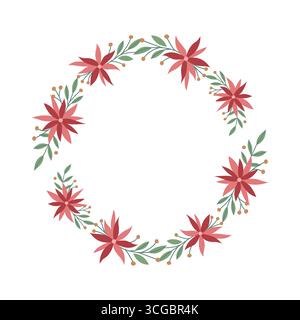 Weihnachtskranz mit roten Weihnachtsstern und grünen Blättern festlicher Weihnachtsblumenrahmen für Karten und Einladungen Stock Vektor