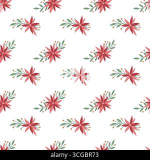 Nahtlose WeihnachtsWeihnachtsWeihnachtsbaum Blumenmuster festliche rote Blume und grüner Blatt Feiertagshintergrund für Verpackungspapier und Textilien Stock Vektor