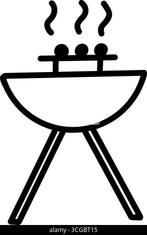 Tragbarer Grill. Kochen von Würstchen mit Dampfrauch auf dem Campingplatz oder Picknick. Handgezeichnetes Symbol mit schwarzer Linie. Kulinarisches Festival. Stock Vektor
