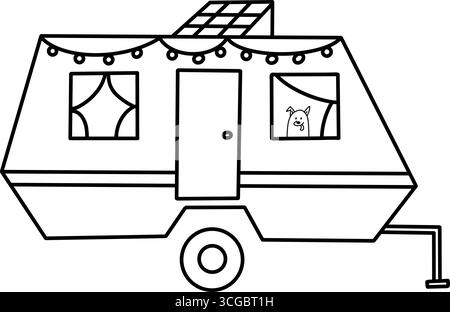 Wohnmobil parkt auf dem Campingplatz. Sonnenkollektoren auf dem Dach und lustiger Hund im Mobilheim. Reiseanhänger mit Girlanden dekoriert. Handgezeichnet schwarz lin Stock Vektor