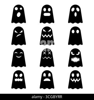 Set von Geistersilhouetten mit verschiedenen Gesichtsausdrücken. Jeder Geist zeigt ein einzigartiges Gefühl wie glücklich, wütend, überrascht, traurig, beängstigend und lustig. Stock Vektor