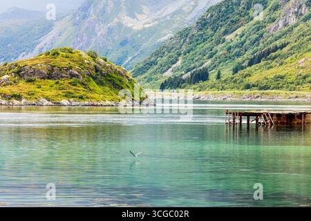 Ruhige Landschaft mit ruhigen Gewässern, die üppig grüne Hügel reflektieren, und einem Holzpier, die eine friedliche natürliche Umgebung für Entspannung und Entspannung schaffen Stockfoto