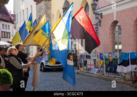 Tallinn, Estland, 27. August 2025: Vor der russischen Botschaft in Estlands Hauptstadt findet wöchentlich ein Protest gegen die Regierungspolitik statt. Die Demonstranten kritisierten Russlands Invasion in der Ukraine und Georgien und seine internen Durchgreifungen der Redefreiheit. Sie riefen auf Russisch Slogans, die den Botschaftsmitarbeitern direkt gegenüber einer engen Kopfsteinpflasterstraße in der Stadt des UNESCO-Weltkulturerbes deutlich zu hören gewesen sein müssen. Die rote und schwarze Version der ukrainischen Flagge repräsentiert die ukrainische Aufständische Armee (UPA). Schutzbarrieren außerhalb der Botschaft sind in Plakaten und Protesterklärungen verdeckt Stockfoto