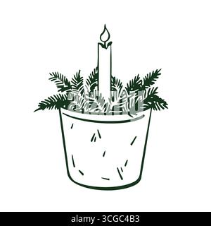 Kerzen- und Tannenzweige in einem Topf. Einfarbige Weihnachtsillustration im Skizzenstil. Winterkomposition. Weihnachtliche Einrichtung. Vektorabbildung Stock Vektor