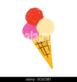 Hand gezeichnetes Kindergemälde von Eiskegel mit drei Schaufeln isoliert auf weißer Vektor-Illustration Stock Vektor