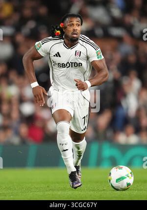 Fulham's Adama Traore in der zweiten Runde des Carabao Cup im Hill Craven Cottage, London. Bilddatum: Mittwoch, 27. August 2025. Stockfoto