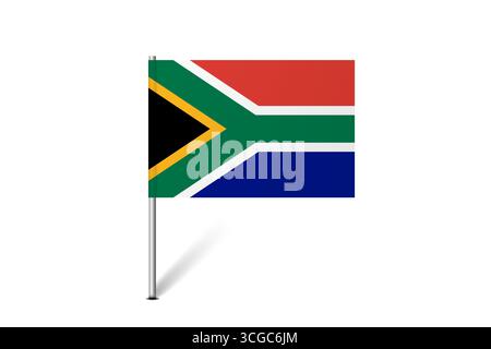 Südafrikanische Flagge – Karte Pin-Flagge, die eine kulturelle Identität und ein kulturelles Erbe des Landes darstellt. Das Wesen des nationalen Stolzes und der Einheit. Kennung der Kartenstecknadel hängt auf weißem Hintergrund Stock Vektor