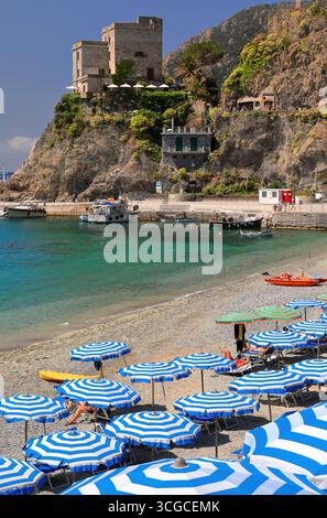246 Aurora Tower auf dem Hügel San Cristoforo mit Blick auf die gestreiften Sonnenschirme, die die Altstadt - paese antico - Strand W end bedecken Monterosso al Mare-Ligurien Stockfoto