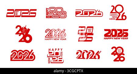 2026 Symbole für ein frohes neues Jahr mit Text, Zahlen und Weihnachtsbaumschmuck. Vektor-Typografie-Set mit fröhlichen Symbolen für das neue Jahr und Weihnachten Winterfeiertage für Grußkarte, Kalender oder Einladungsumschlag Stock Vektor