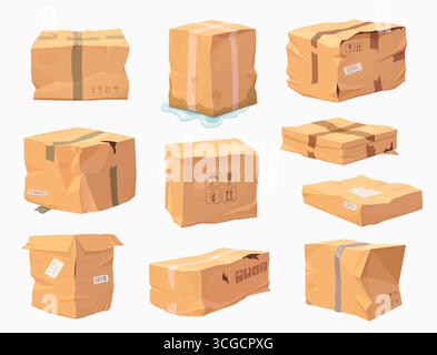 Beschädigte, zerknitterte Kartons oder gebrochene und zerrissene Frachtpakete, Vektorsymbole. Paketboxen beschädigen durch zerrissene oder verbogene und zerknitterte oder eingeweichte Pappe und zerquetschten Karton Stock Vektor