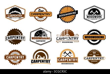Tischlerei Holzarbeiten Vektor Ikonen des Bauwesens und der Holzindustrie. Tischler-Arbeitsgeräte mit Holzschnitten und Sägeblättern isolierte braune Embleme Set. Schreinerei-Säge, Axt und Wagenheber-Flugzeug-Embleme Stock Vektor