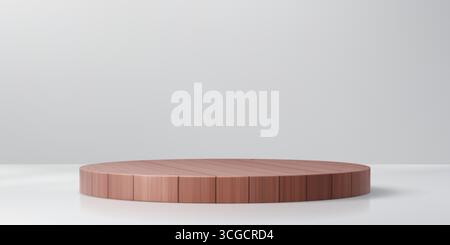 Runder Podiumständer aus Holz, runder Tisch auf dem Boden. Realistische 3D-Vektor-Holzplattform oder Schaufenster auf weißem Wandhintergrund, für die Präsentation von Naturkosmetikprodukten, Präsentation oder Ausstellung Stock Vektor