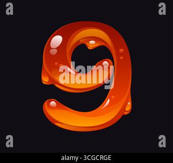 Sweet Honigcartoon Schriftart 9 9. Leckere Amber Fluss mathematische Schriftart Nummer, Zeichentrickvektor Alphabet Schriftart Figur. Karamell-ABC-Schriftzeichen oder flüssiges Honig-mathematisches Zahlensymbol Stock Vektor