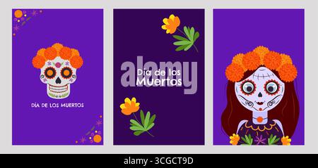 Das Posterset Day of the Dead Mexico. Nationalfeiertag 16. September, Cinco de Mayo. Dia De Los Muertos. Bunte mexikanische Blumen. Fiesta Poster Party Flyer Grußkarte. Vektorabbildung Stock Vektor