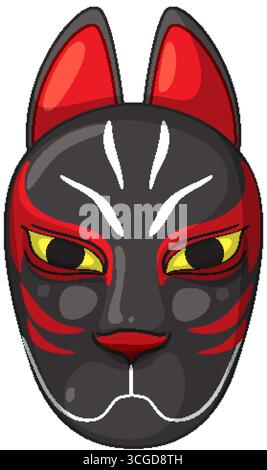 Stilisierte japanische Fuchsmaske Illustration, kräftige rote und schwarze Farben, saubere Vektorlinien, Frontalansicht Stock Vektor
