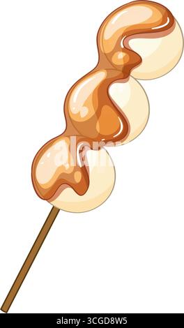 Drei Reisknödel auf Stock, glänzende braune Soße, saubere Vektorart, weißer Hintergrund Stock Vektor