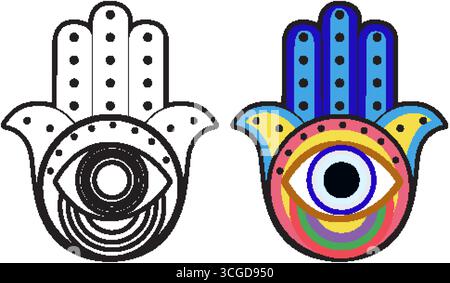 Vektor-Illustration der Hamsa Hand mit zentralem Auge, dargestellt in bunten und schwarz-weißen Stilen Stock Vektor