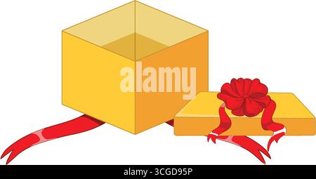 Öffnen Sie gelbe Geschenkbox mit rotem Band und Schleife, flache Vektorillustration auf weißem Hintergrund. Stock Vektor