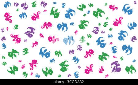 Baby Drachen Muster Vektor in blau, grün, lila und tropisch rosa auf weißem Hintergrund Stock Vektor