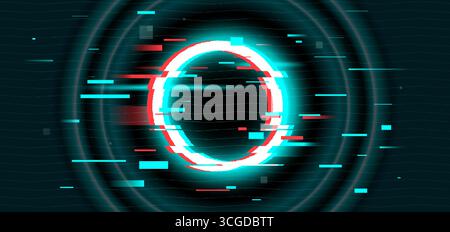 Glitch-Frame-Ring mit Bug-Verzerrung und cyanroten digitalen Artefakten für futuristische Schnittstelle. Kreisförmiger Rahmen mit Rauschlinien und Datenbeschädigungseffekten. Cyberpunk-Design für technische Spielüberzüge. Stock Vektor