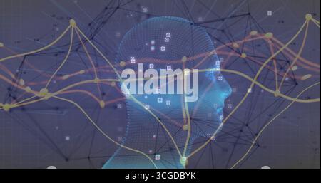 Anzeigen des 3D-Netzkopfs, der Datenknoten mit Linien im virtuellen Netzwerk verknüpft, mit fließenden Datensymbolen Stockfoto