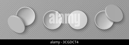 Realistische runde Box-Mockup-Ansicht von oben, weiße Verpackungsbehälter aus Karton und offene runde Deckel für Produktdesign. Leere geometrische Vorlagen mit Schatten. Geschenkaufbewahrung für Branding oder Präsentation. Stock Vektor