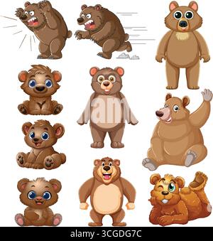 Farbenfroher Vektor von Zeichentrickbären in verspielten, sitzenden, stehenden und winkenden Posen mit ausdrucksstarken Emotionen. Stock Vektor
