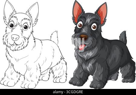 Vektor-Illustration eines schottischen Terrierhundes in Zeichentrickfarbe und übereinstimmender Umriss für die Färbung. Stock Vektor
