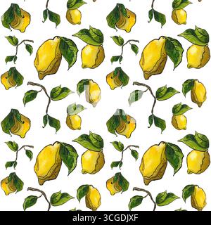 Nahtloses Muster von Zitronen und Zweigen mit Blättern. Handgezeichnete Illustration mit Aquarell und Tinte. Zeichnung für die Gestaltung von Karten, Stoff, Papier Stockfoto