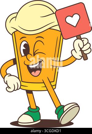 Das fröhliche gelbe Cartoon-Bier-Glas-Maskottchen winkt, während es ein rotes Schild mit einem Herzsymbol hält. Helle, freundliche und auffällige Vektorillustration Stock Vektor