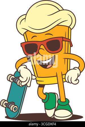 Das gelbe Bierglasmaskottchen lächelt selbstbewusst, während es sich mit roter Sonnenbrille auf ein Skateboard stützt. Ideal für Brauereien, Bierfeste, Stock Vektor
